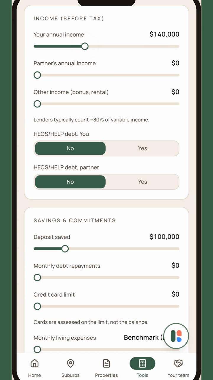 Havenli's borrowing power sliders for annual income, partner income, HECS or HELP debt, deposit saved, monthly debt repayments and credit card limit