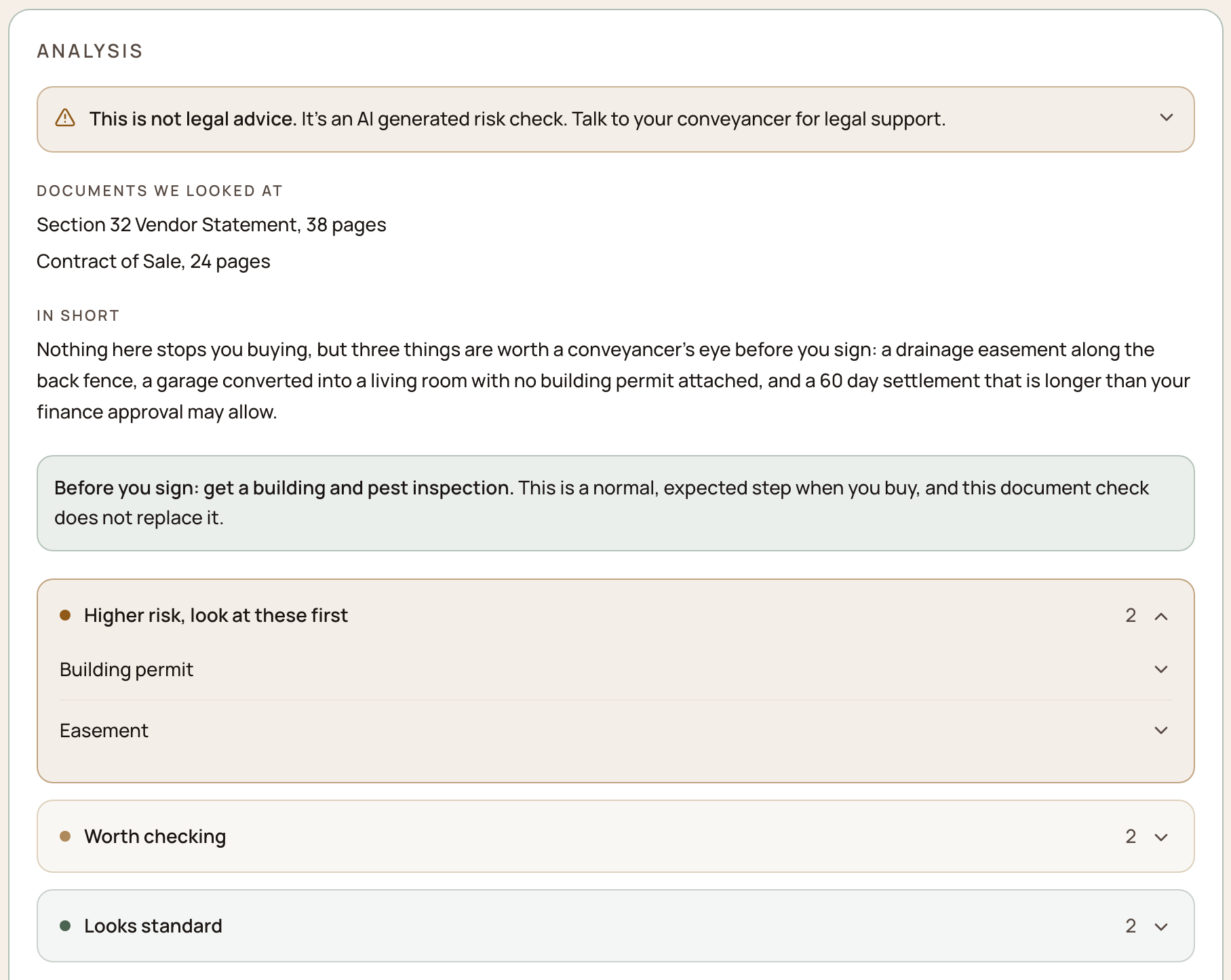 Havenli document analysis of a section 32 and contract of sale, listing a building permit and an easement to raise with a conveyancer, with a not-legal-advice note